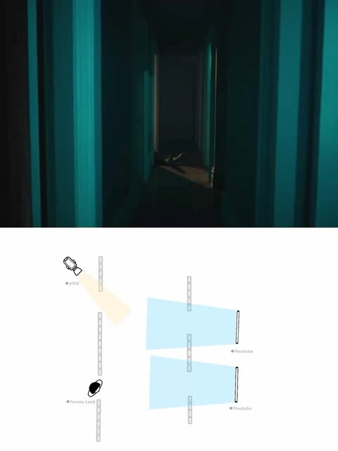 Teal-lit hallway frame with its lighting diagram