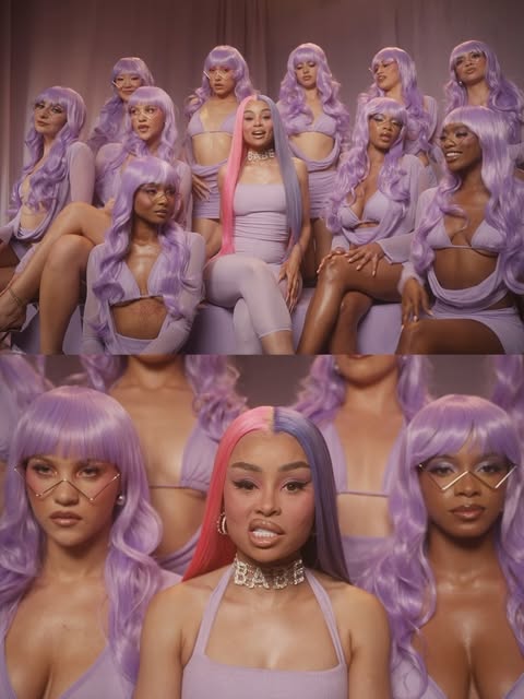Music video frames with a lavender-wig ensemble